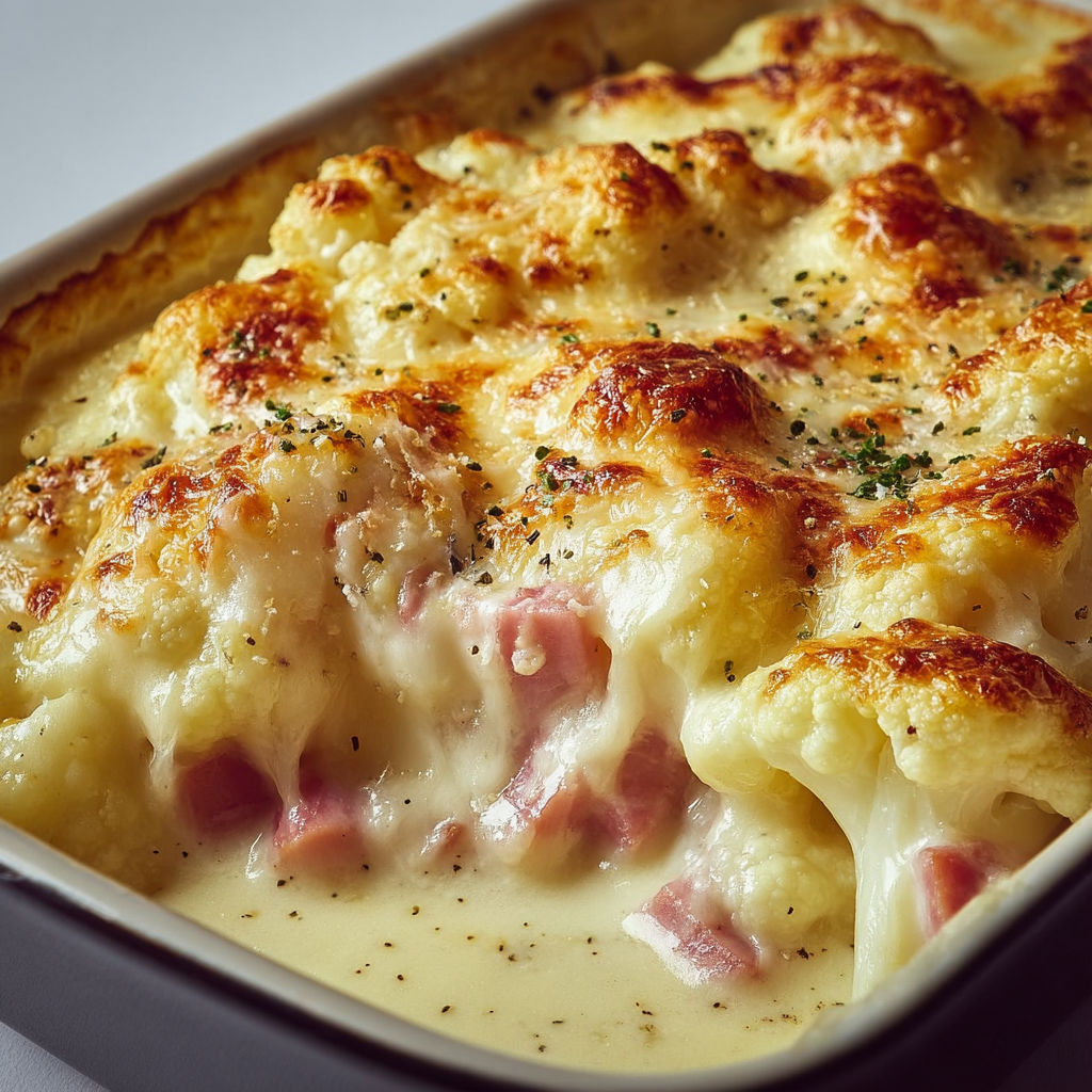 Chou-fleur gratiné, jambon à l’intérieur et sauce béchamel onctueuse.