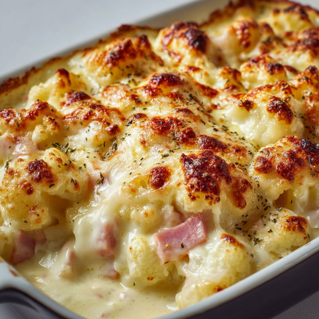 Plat hyper fondant de chou-fleur, jambon et fromage bien gratiné, parfait pour les bons repas.