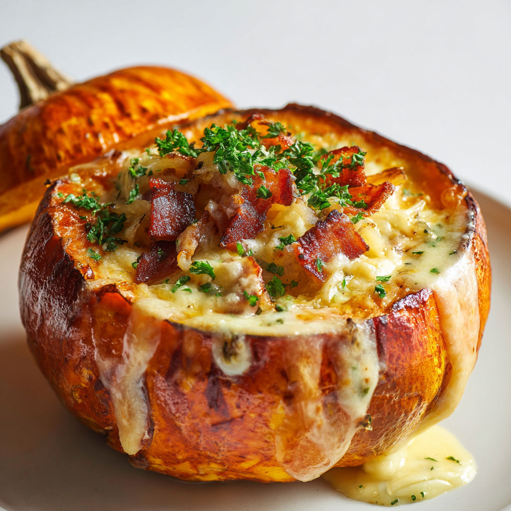 Un potimarron bien filant au reblochon, lardons et herbes fraîches, prêt à être dégusté. C'est un plat vraiment gourmand.