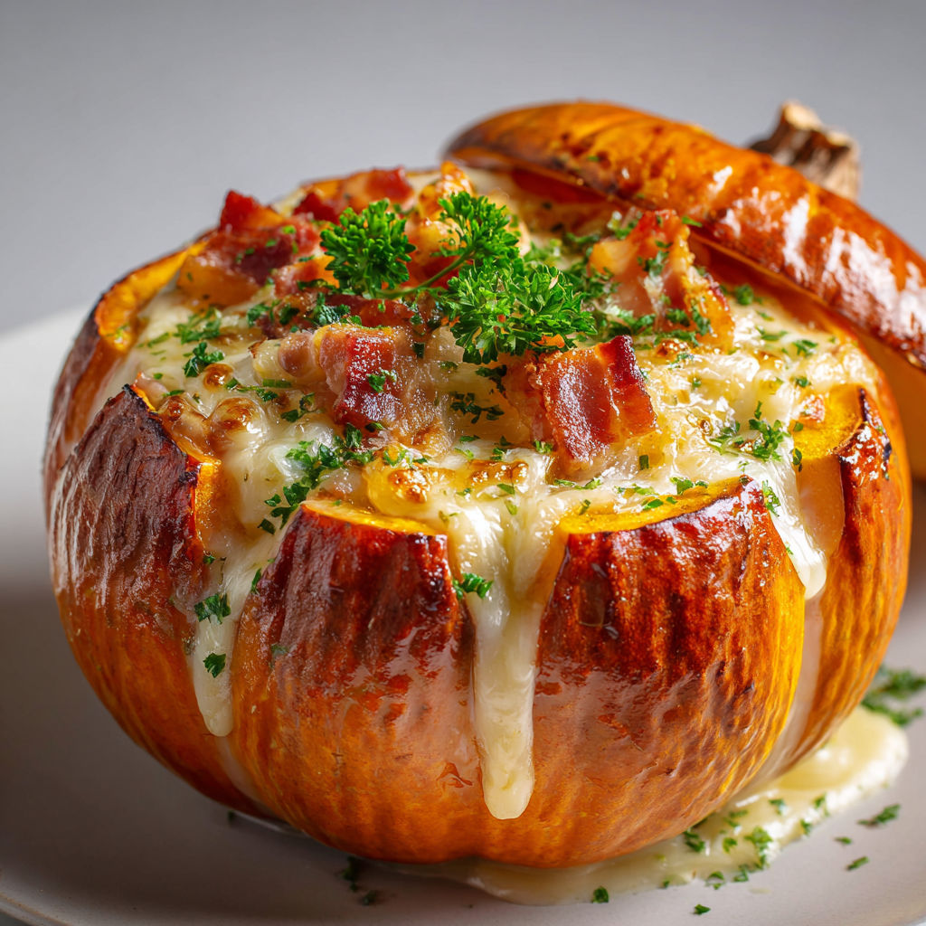 Un potimarron gratiné façon tartiflette ultra gourmand, avec fromage bien fondu, lardons et oignons moelleux.