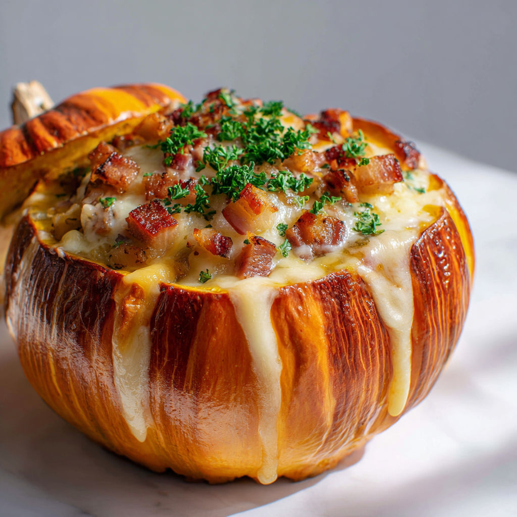 Potimarron façon tartiflette gourmand, avec lardons dorés, herbes et sauce crémeuse au fromage.