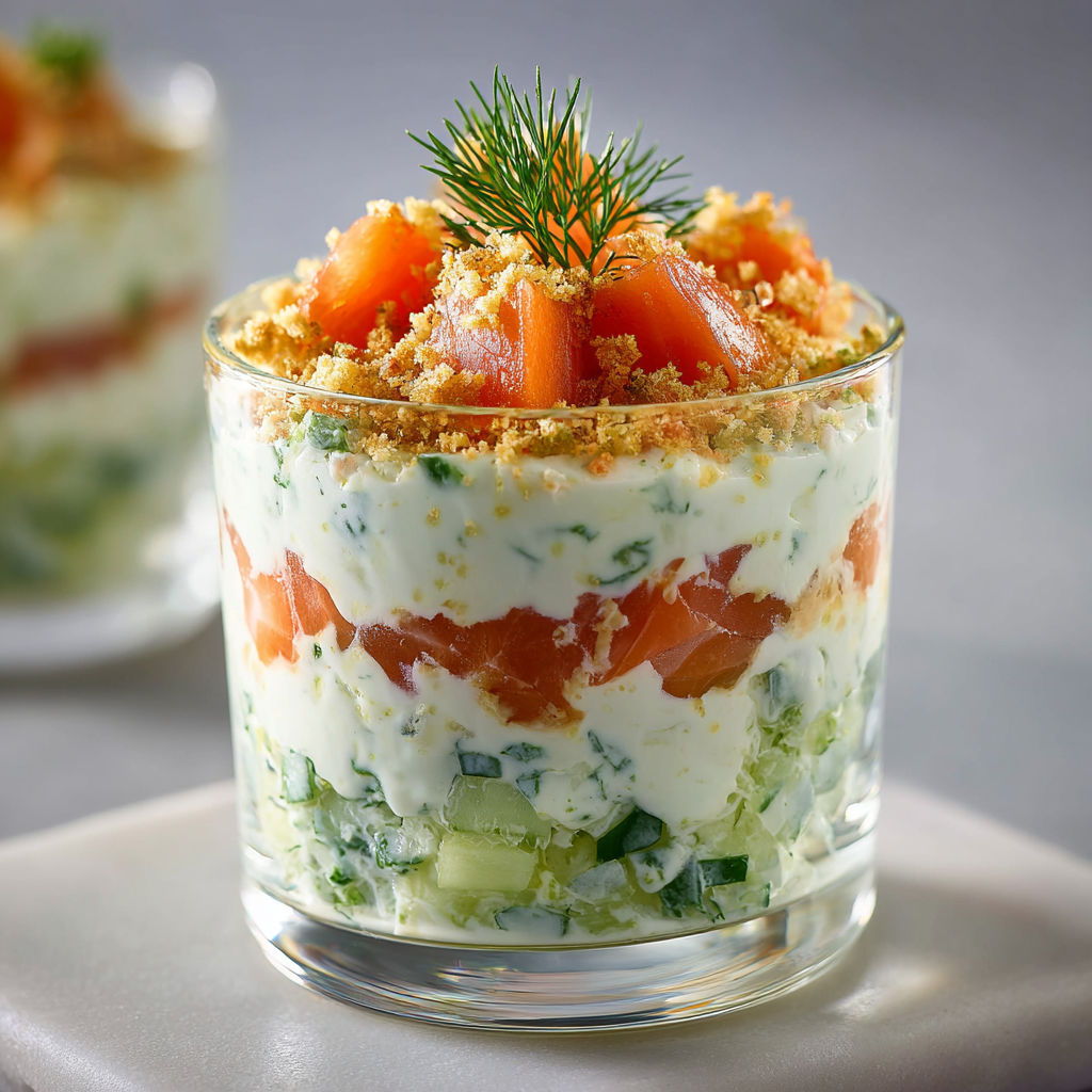 Verrines apéritives saumon fumé, crème au citron et concombre frais.
