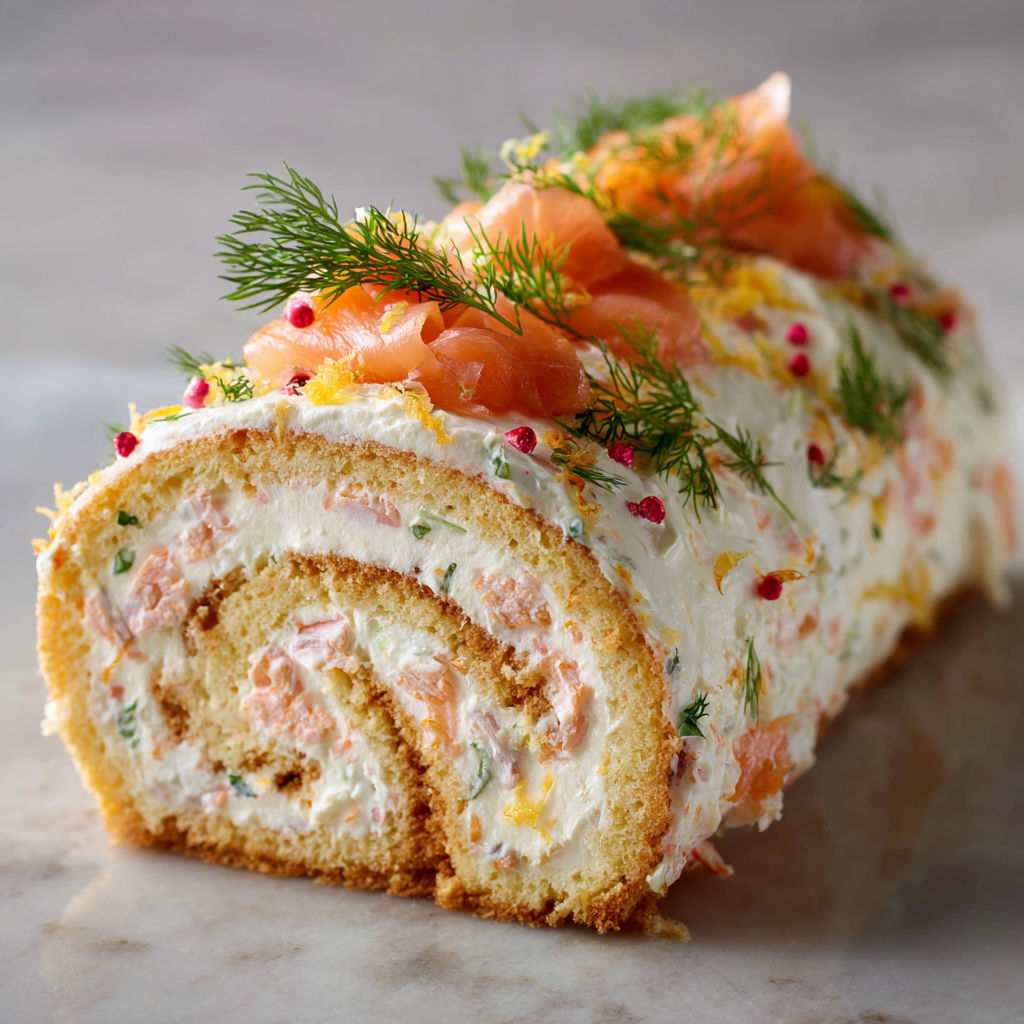 Roulé salé festif aux crevettes roses et saumon fumé.