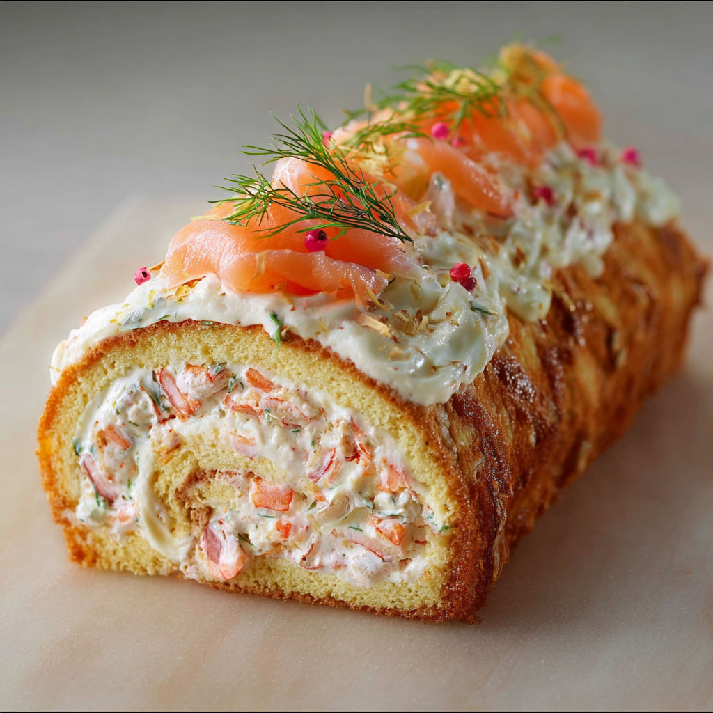 Roulé apéritif festif au fromage frais, saumon et aneth.