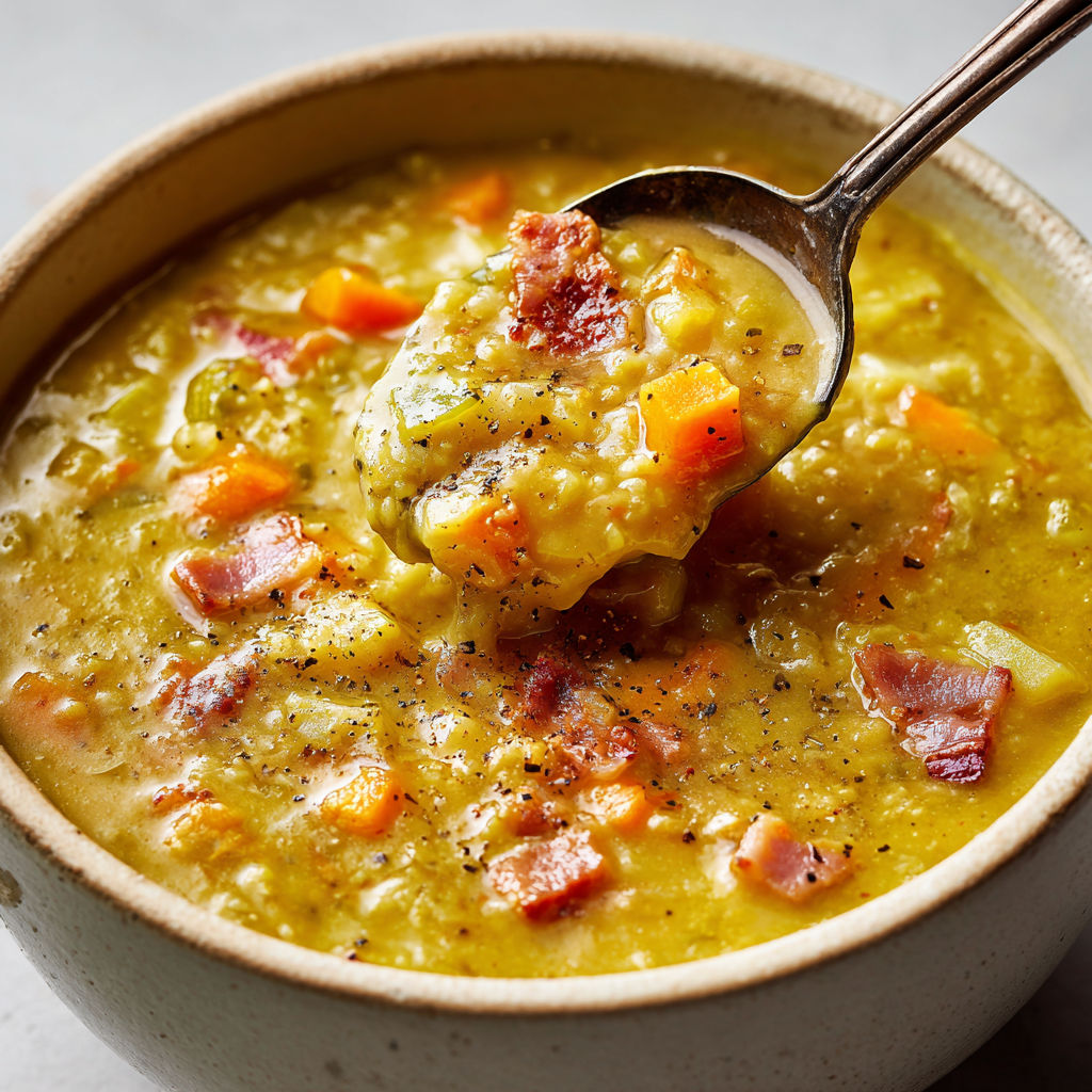 Une cuillère en argent plonge dans la soupe épaisse aux pois cassés et légumes campagnards.