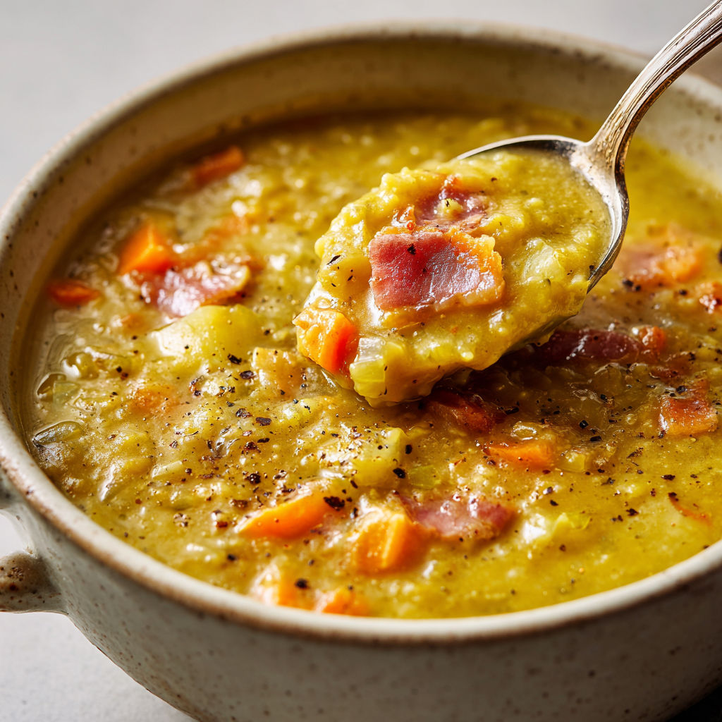 Soupe Paysanne aux Pois Cassés et Lardons Dorés.