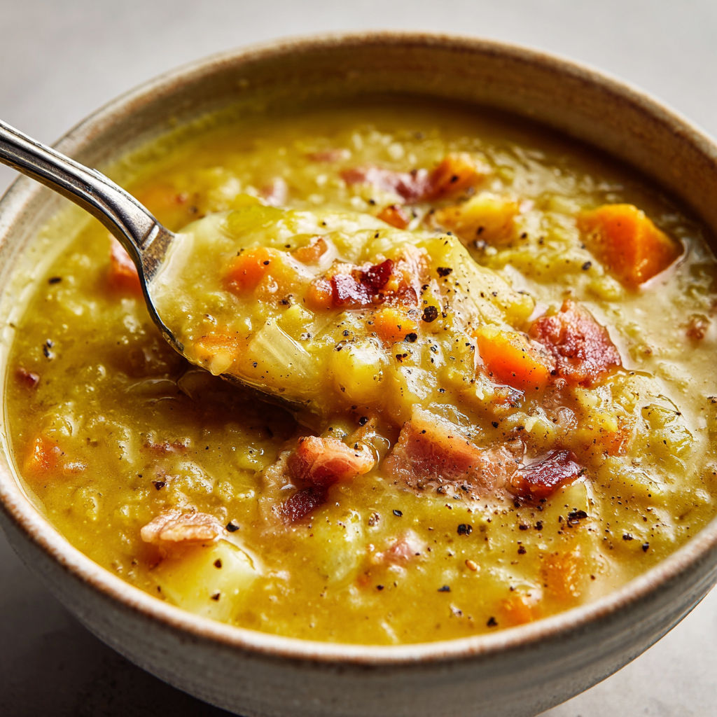 Généreuse Soupe de Pois Cassés, Lardons Croustillants.