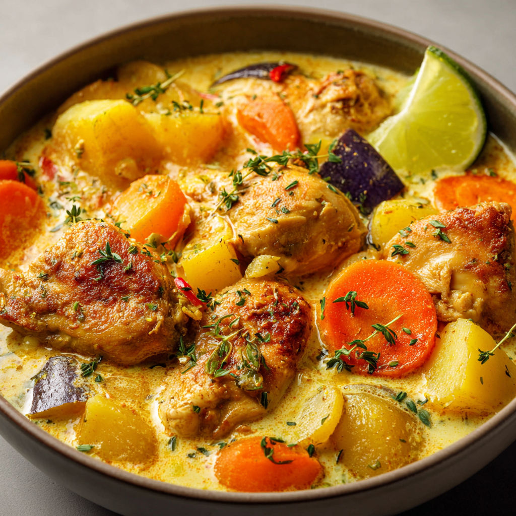 Poulet colombo avec lait de coco, légumes et pleins d’épices, servi dans un grand bol.