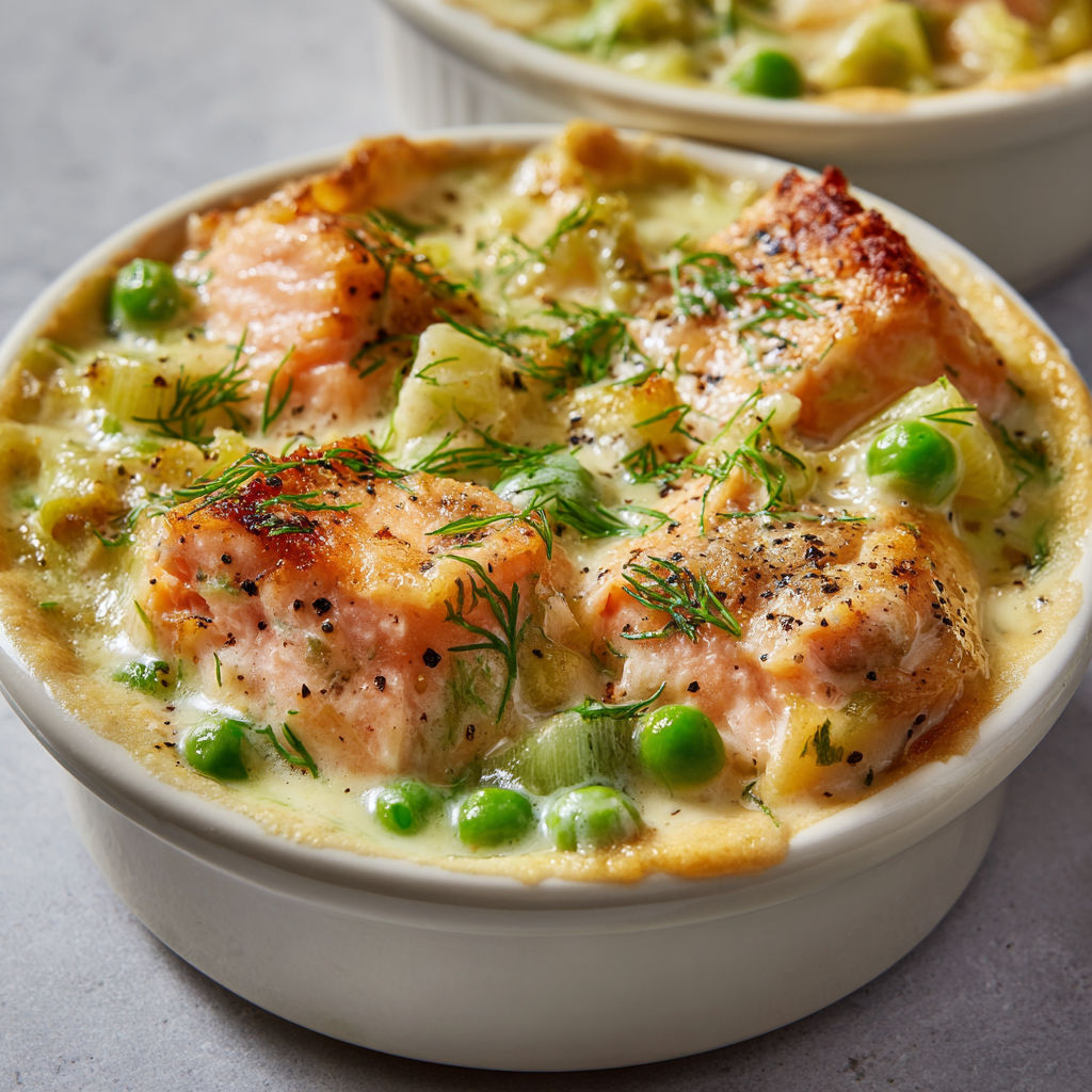 Cassolettes saumon, poireaux et petits pois ultra crémeuses.