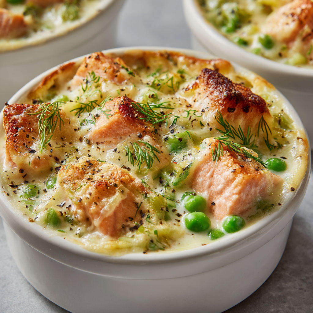 Cassolettes Gourmandes de Saumon, Poireaux & Petits Pois.