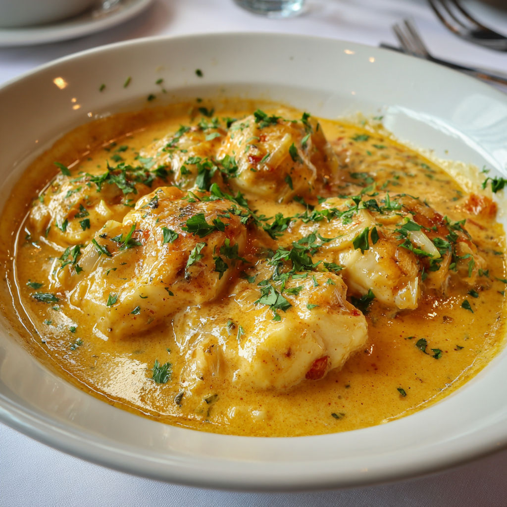 Une belle assiette où le cabillaud baigne dans une sauce bisque de homard.