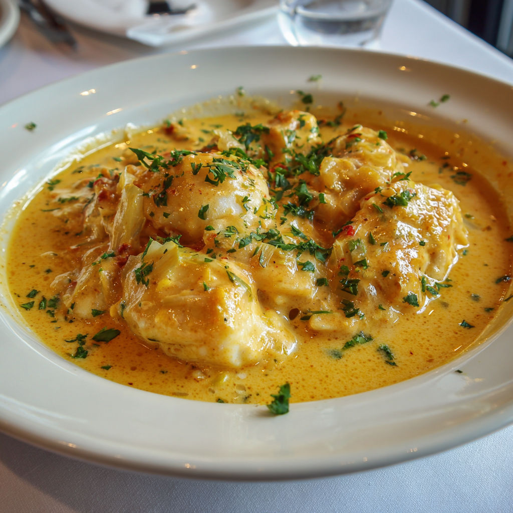 Délicate blanquette de cabillaud à la bisque de homard, crémeuse et marine.
