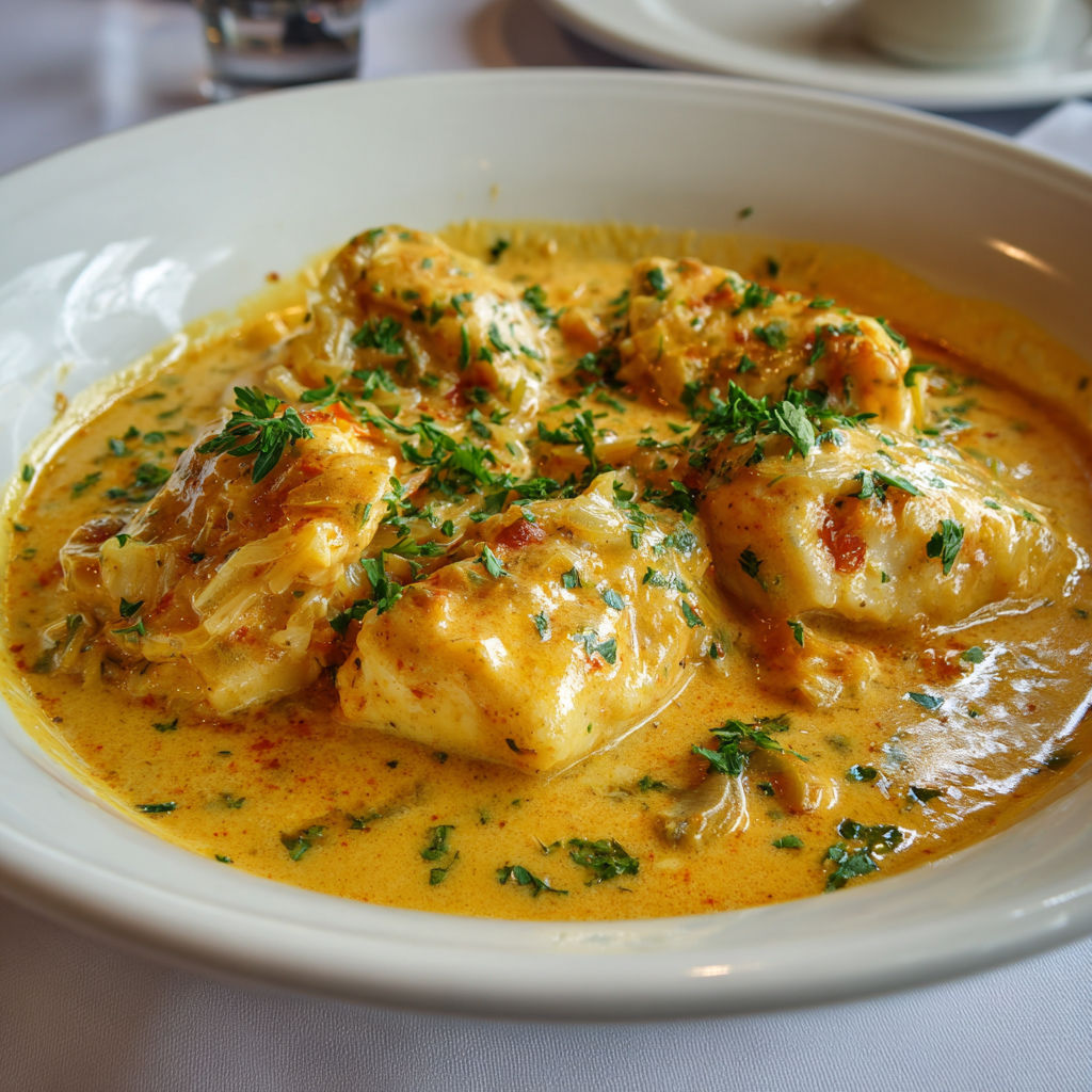 Blanquette fondante de cabillaud à la bisque de homard.