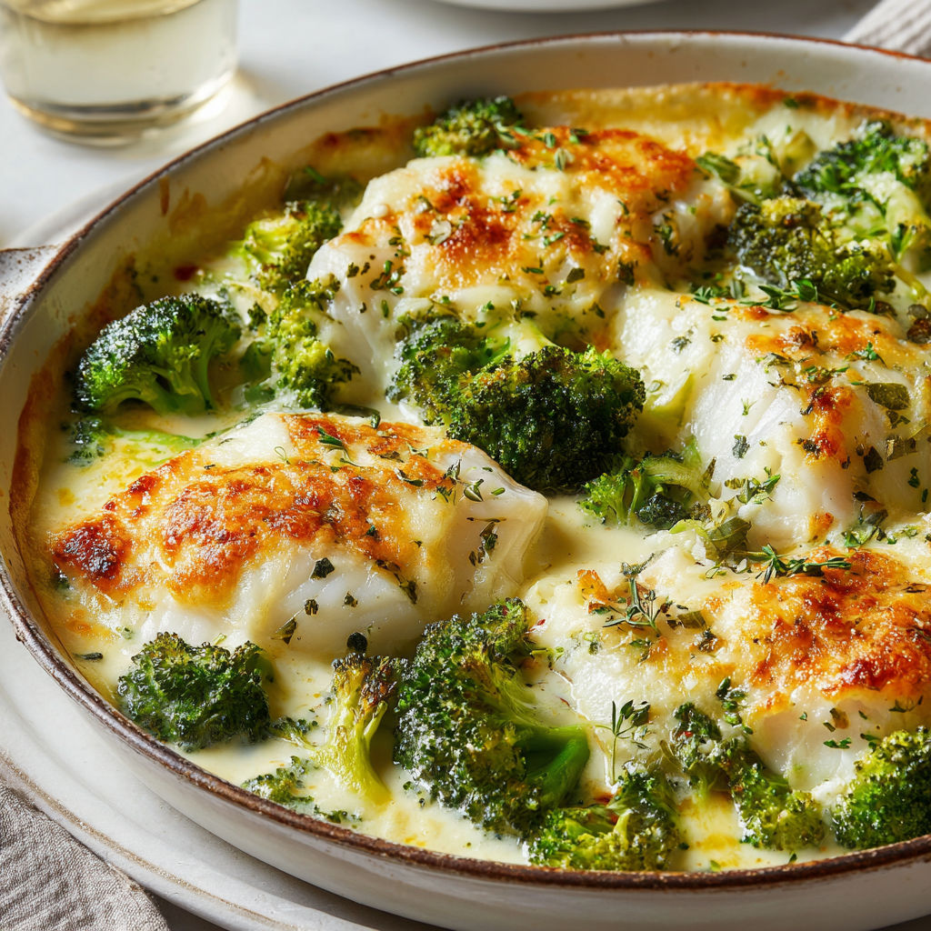 Plat gratiné au poisson accompagné de brocolis bien verts.