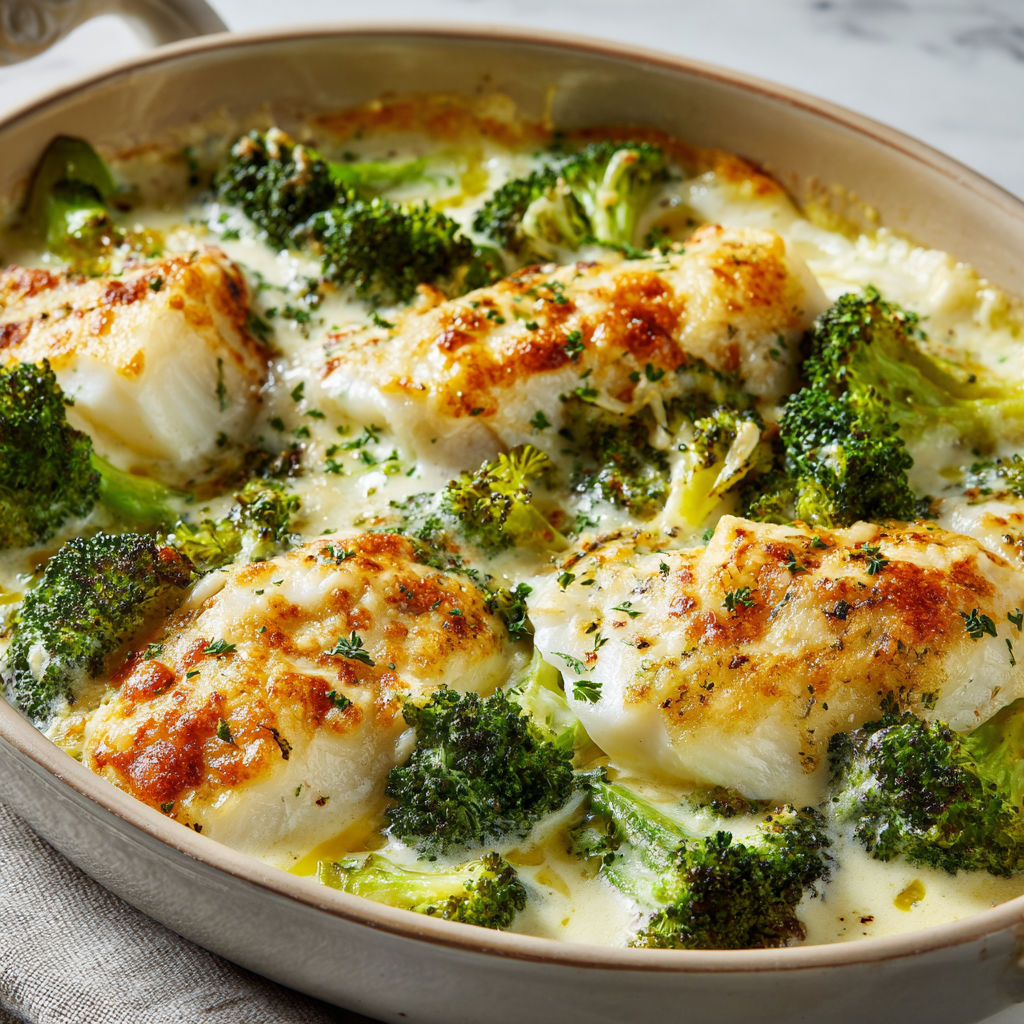 Délicieux gratin crèmeux de poisson aux brocolis.