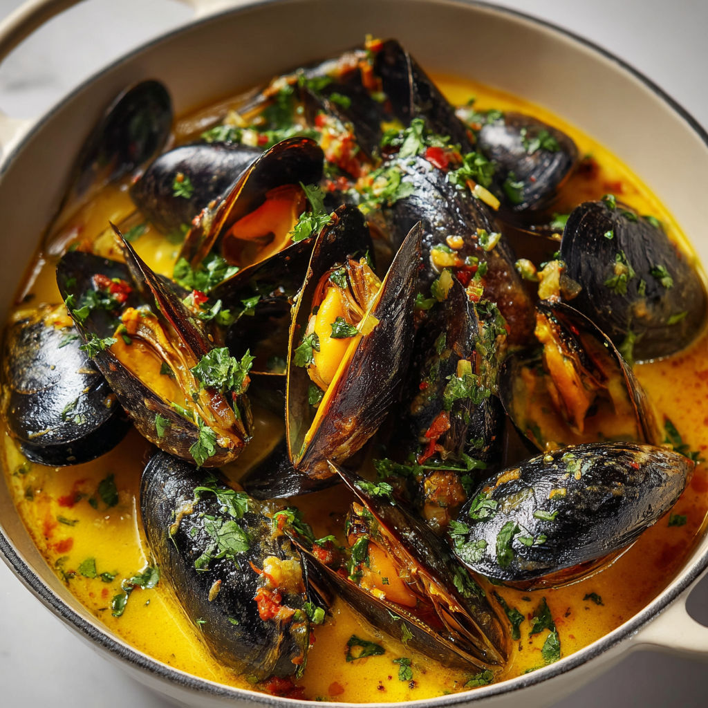 Bol fumant de moules avec herbes fraîches.