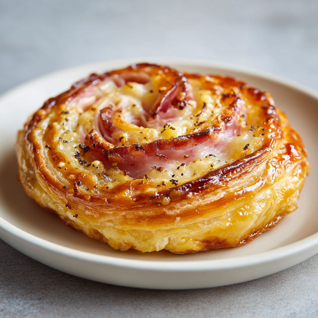 Un feuilleté extra-gourmand bien doré, au fromage et au jambon, sur un plat prêt à être partagé.