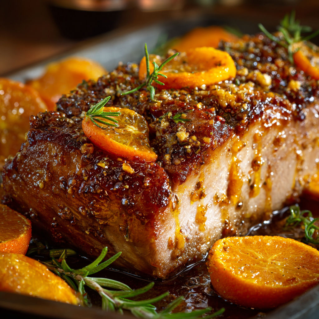 Porc Rôti Brillant au Miel et Clémentines Dorées.