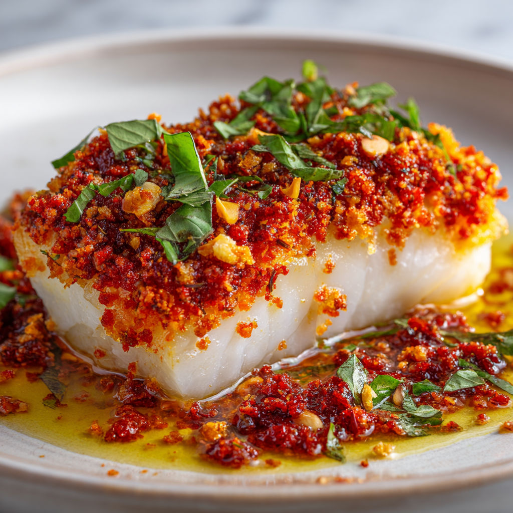 Pavé de Cabillaud en Croûte dorée, Chorizo et Basilic tout frais.