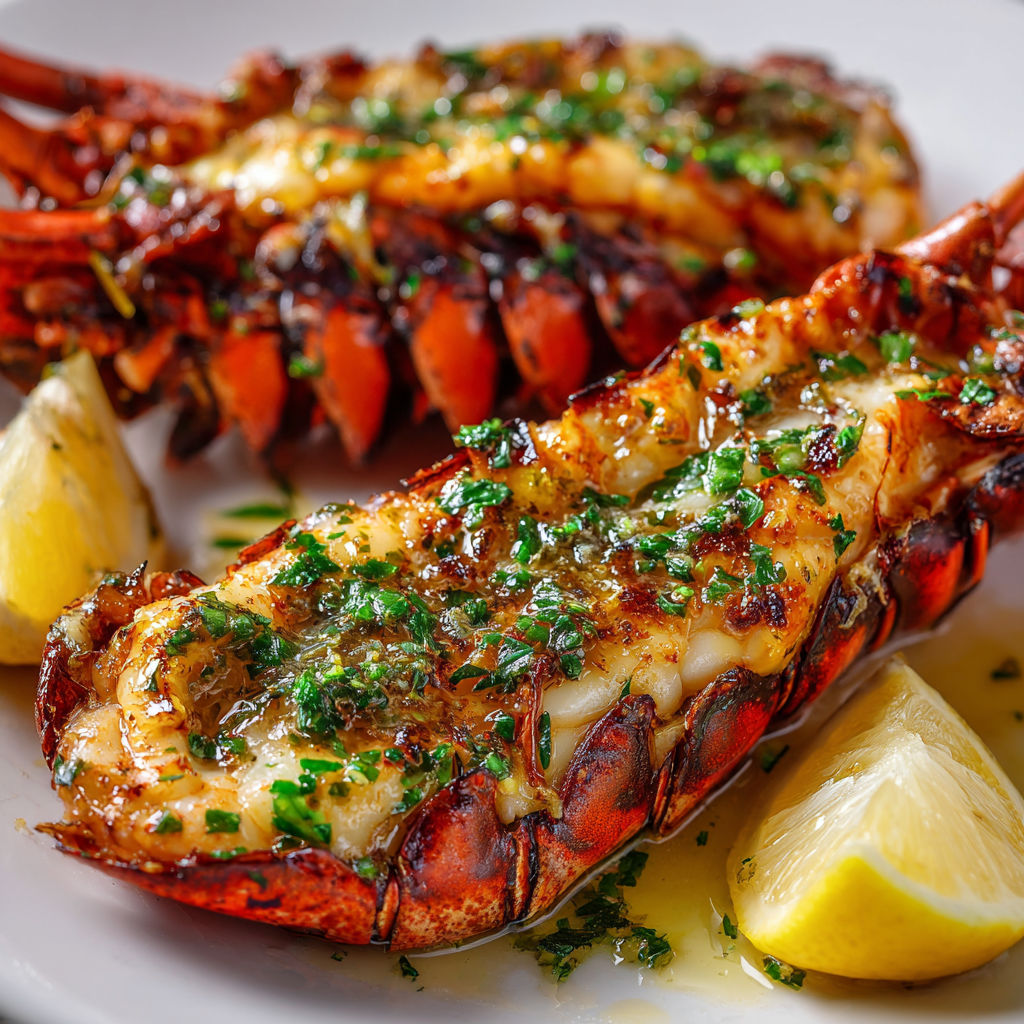 Un homard grillé accompagné de citrons et d’herbes fraîches.