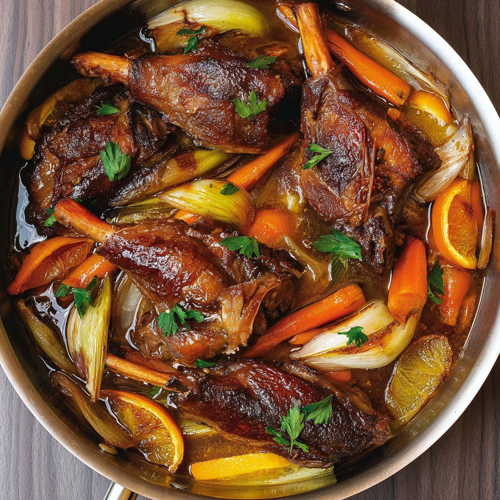 Jarrets d’agneau mijotés avec miel et agrumes.