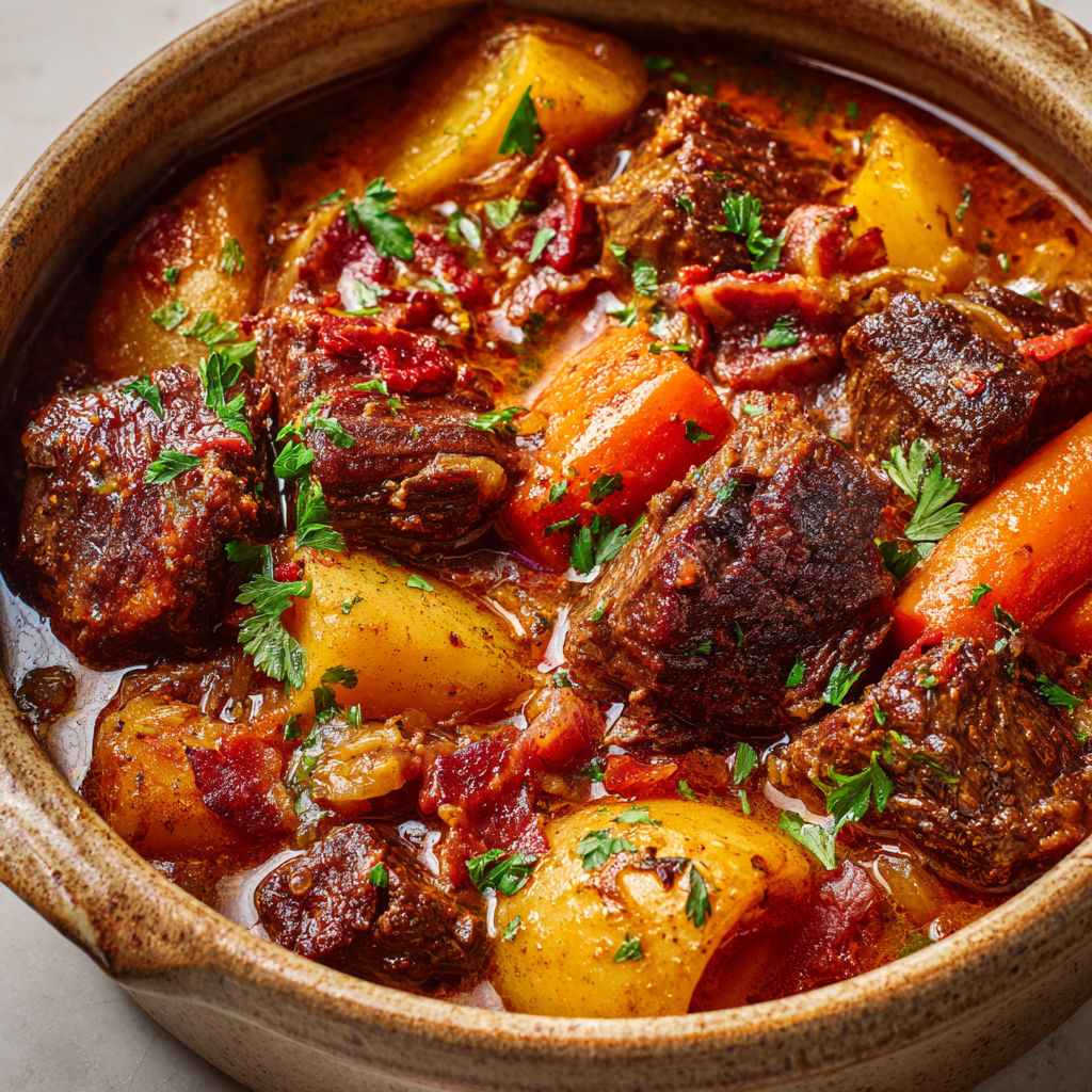 Bœuf mode, carottes et herbes dans un bol rustique, prêt à déguster.