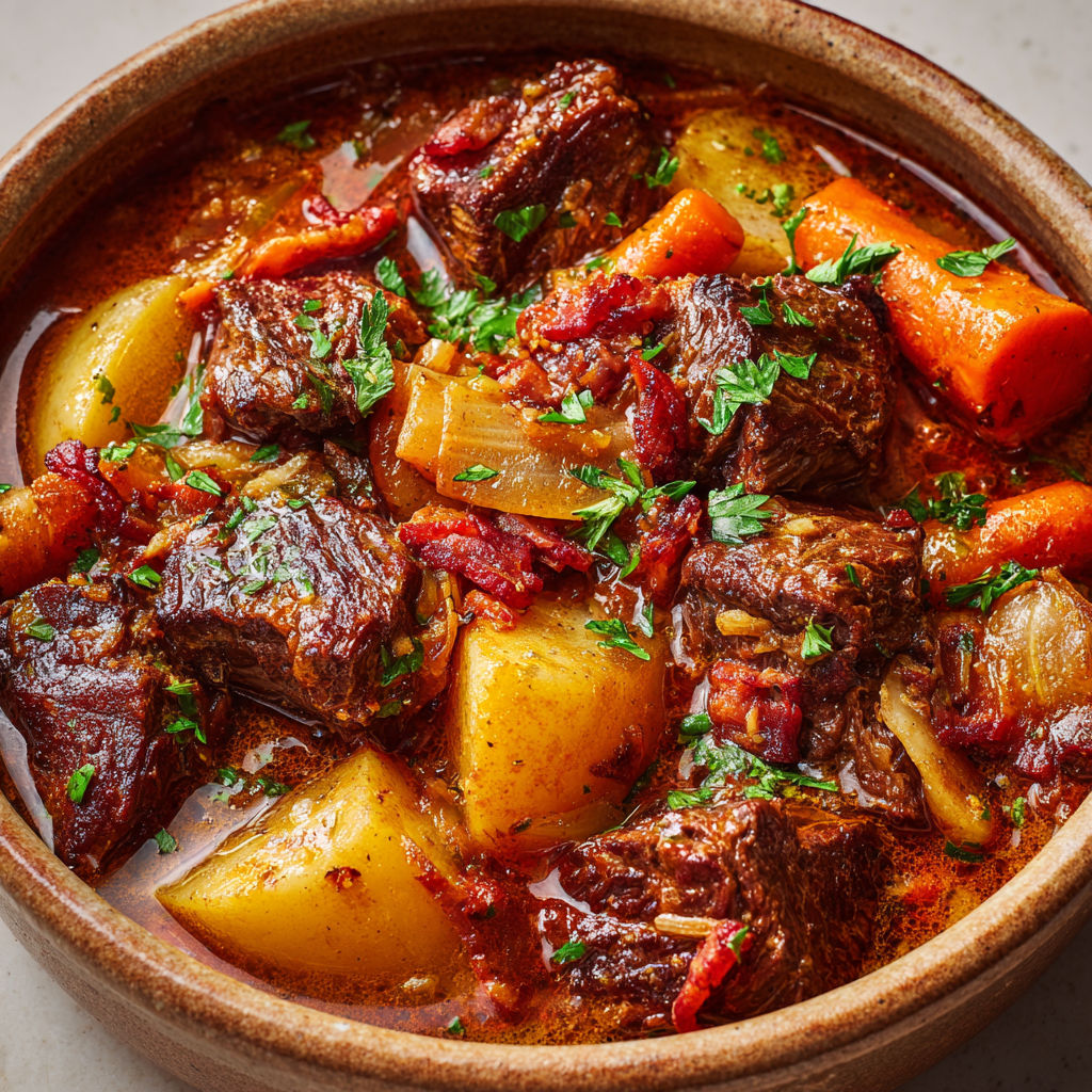 Bœuf mode réconfortant, légumes fondants et vin rouge.