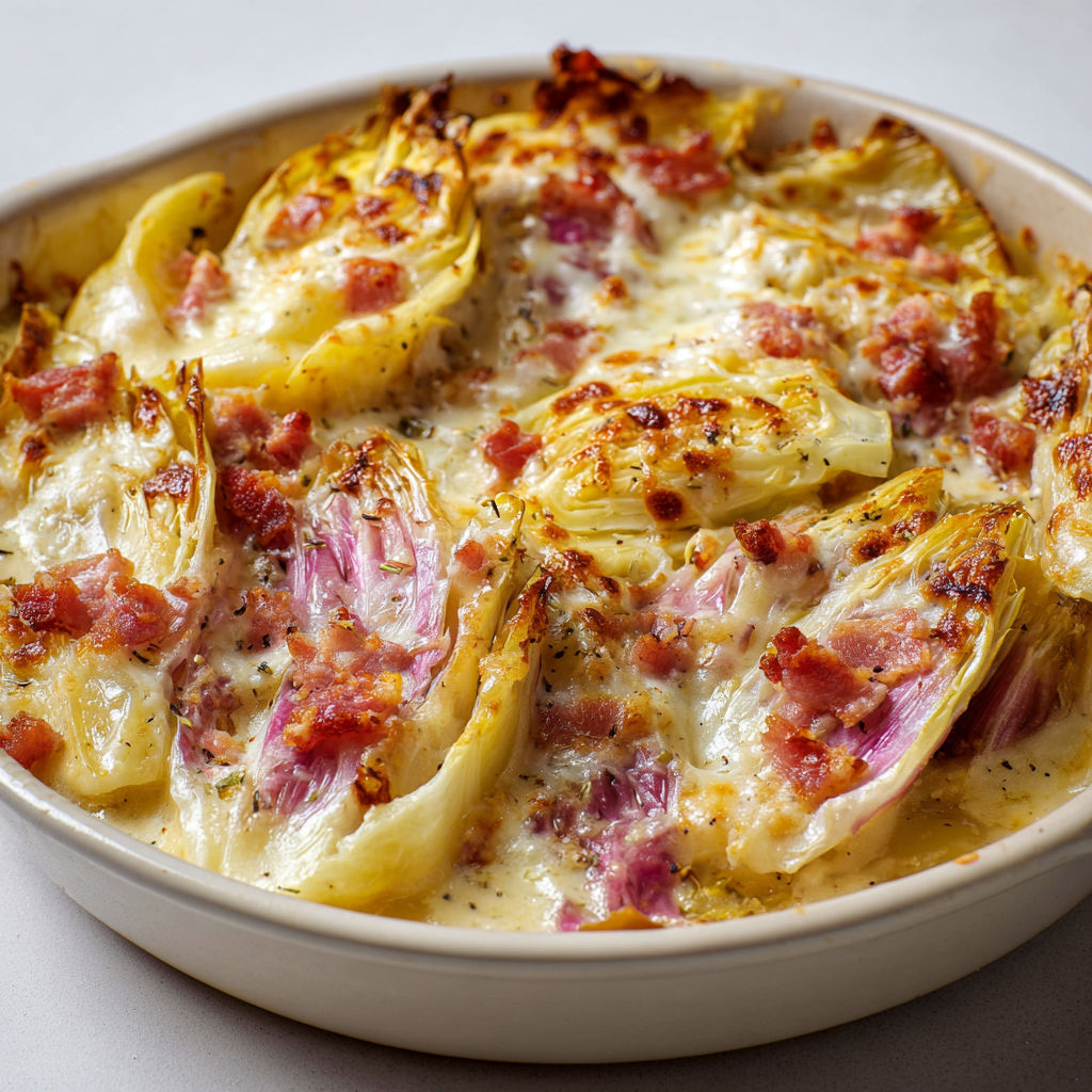 Gratin d’endives fondantes nappées de reblochon coulant.