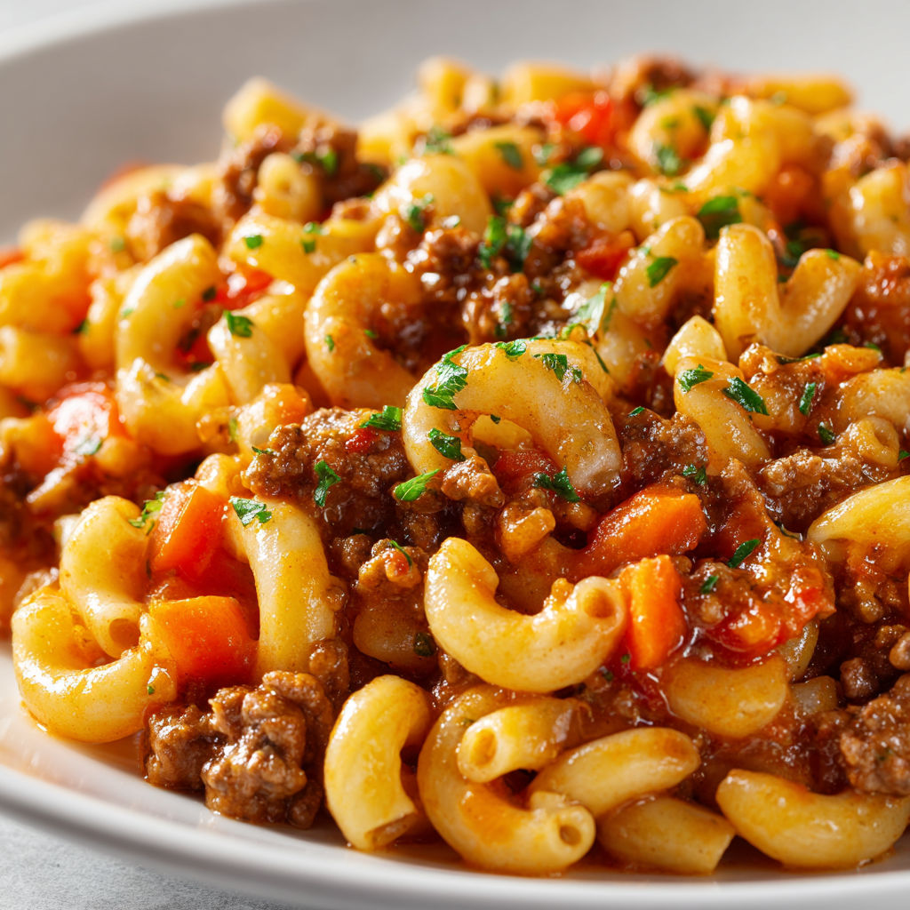 Un beau plat de macaroni avec viande hachée, carottes et herbes présenté sur un plateau.