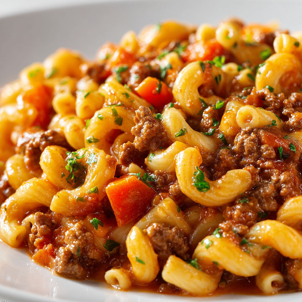 Un plat réconfortant de pâtes, légumes et viande hachée, plein de couleurs.