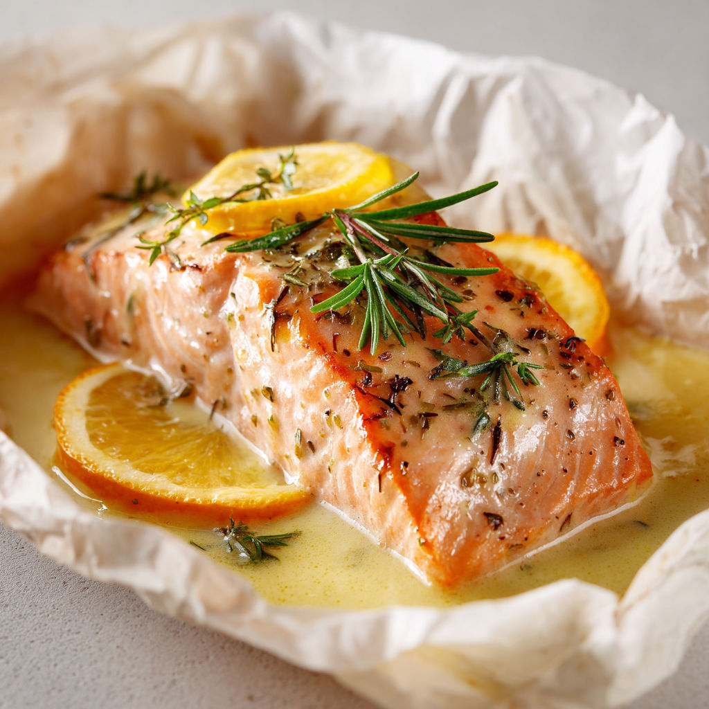 Un délicieux saumon cuit entouré d’agrumes en papillote, super appétissant