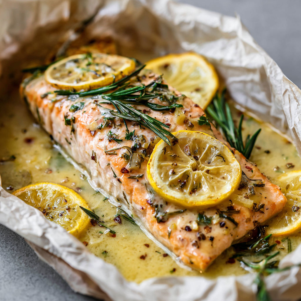 Saumon en papillote moelleux avec agrumes et herbes fraîches.