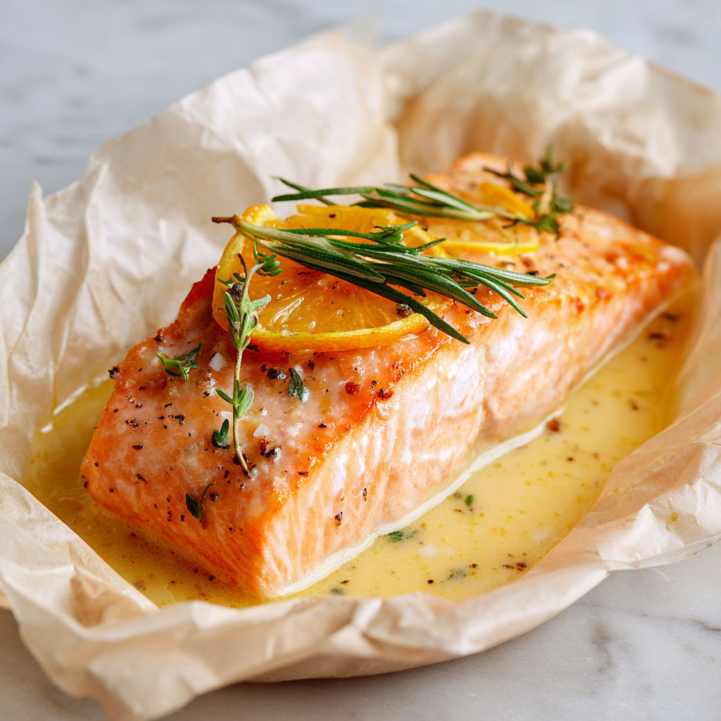 Papillote extra fondante de saumon aux agrumes frais.