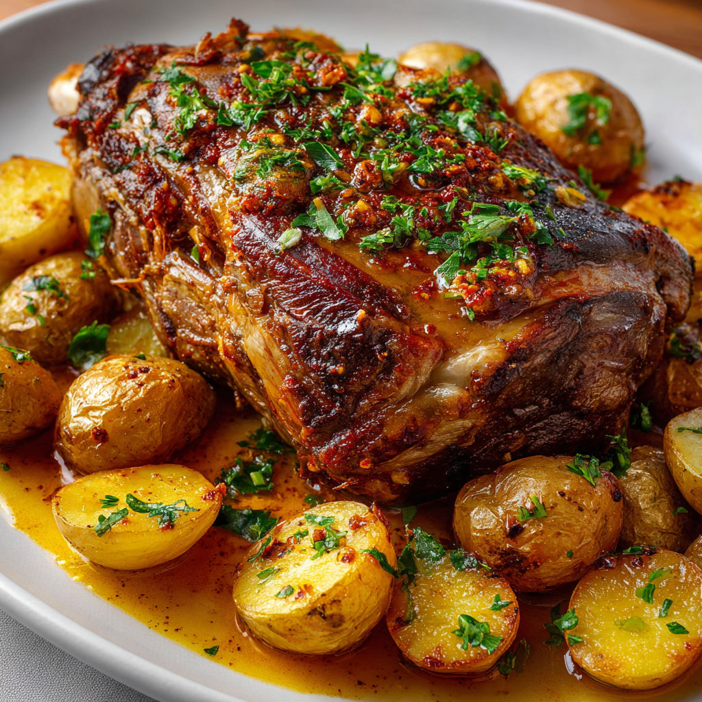 Agneau lentement rôti à la harissa, tout doux et parfumé.