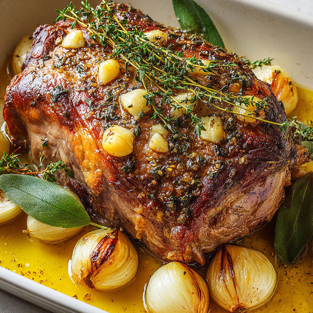 Gigot d'agneau à l'ail doré dans un plat avec des herbes.