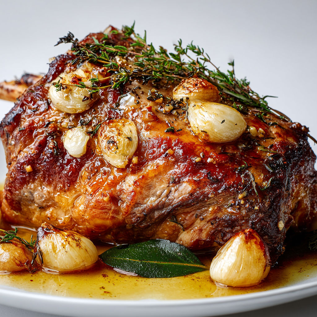 Gigot d’agneau joliment doré avec ail fondant et herbes fraîches.