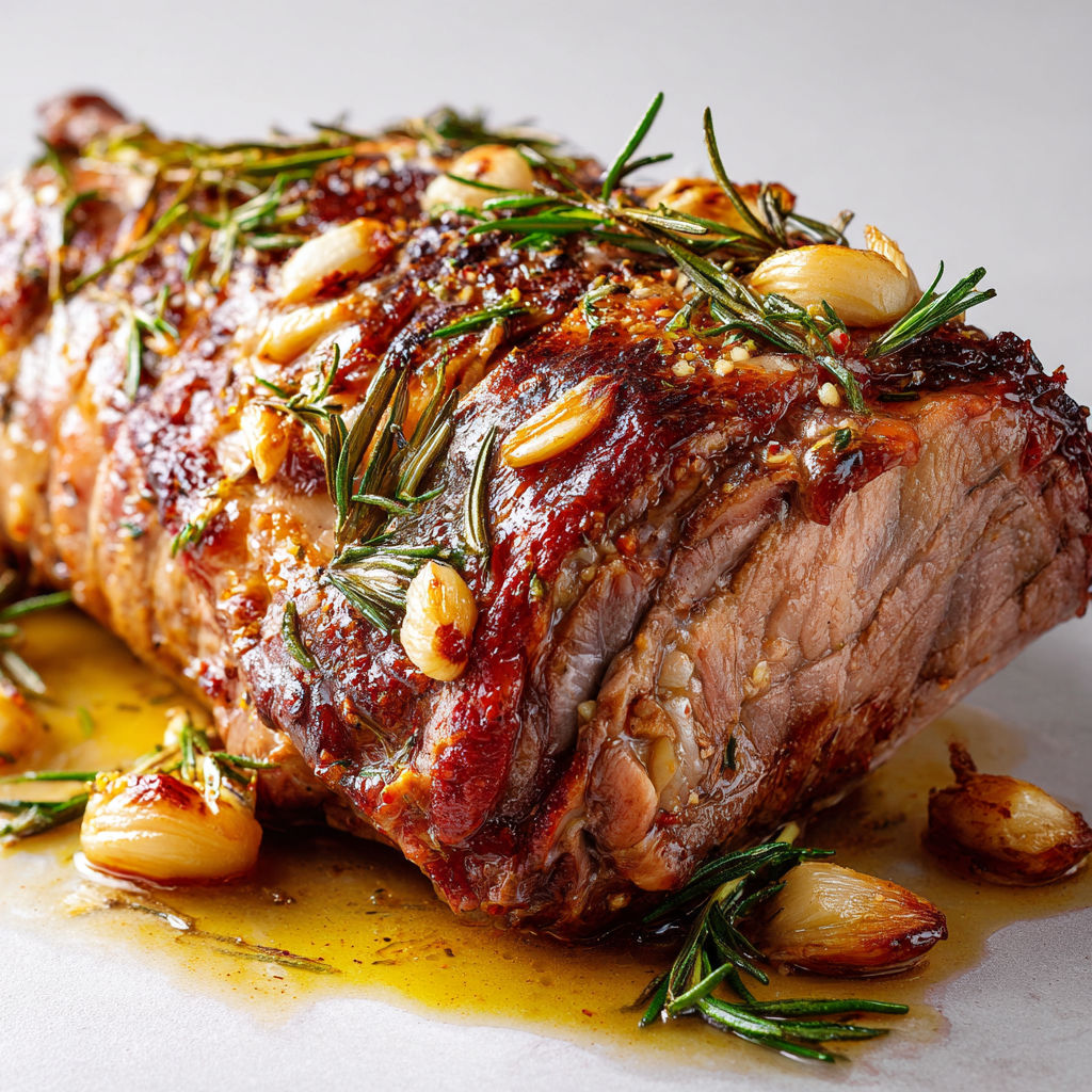 Gigot d’agneau généreux, aillé et parfumé, baignant dans le romarin frais.