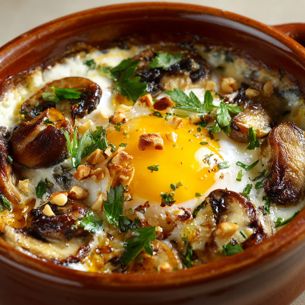 On voit une petite cocotte avec des œufs, des champignons grillés et des morceaux de brie, posés à côté d’une truffe.