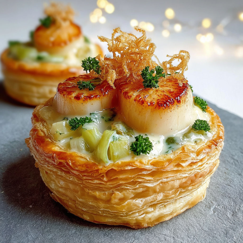 Un vol-au-vent Saint-Jacques est présenté sur une table, accompagné de poireaux et de crème au beurre citronné.