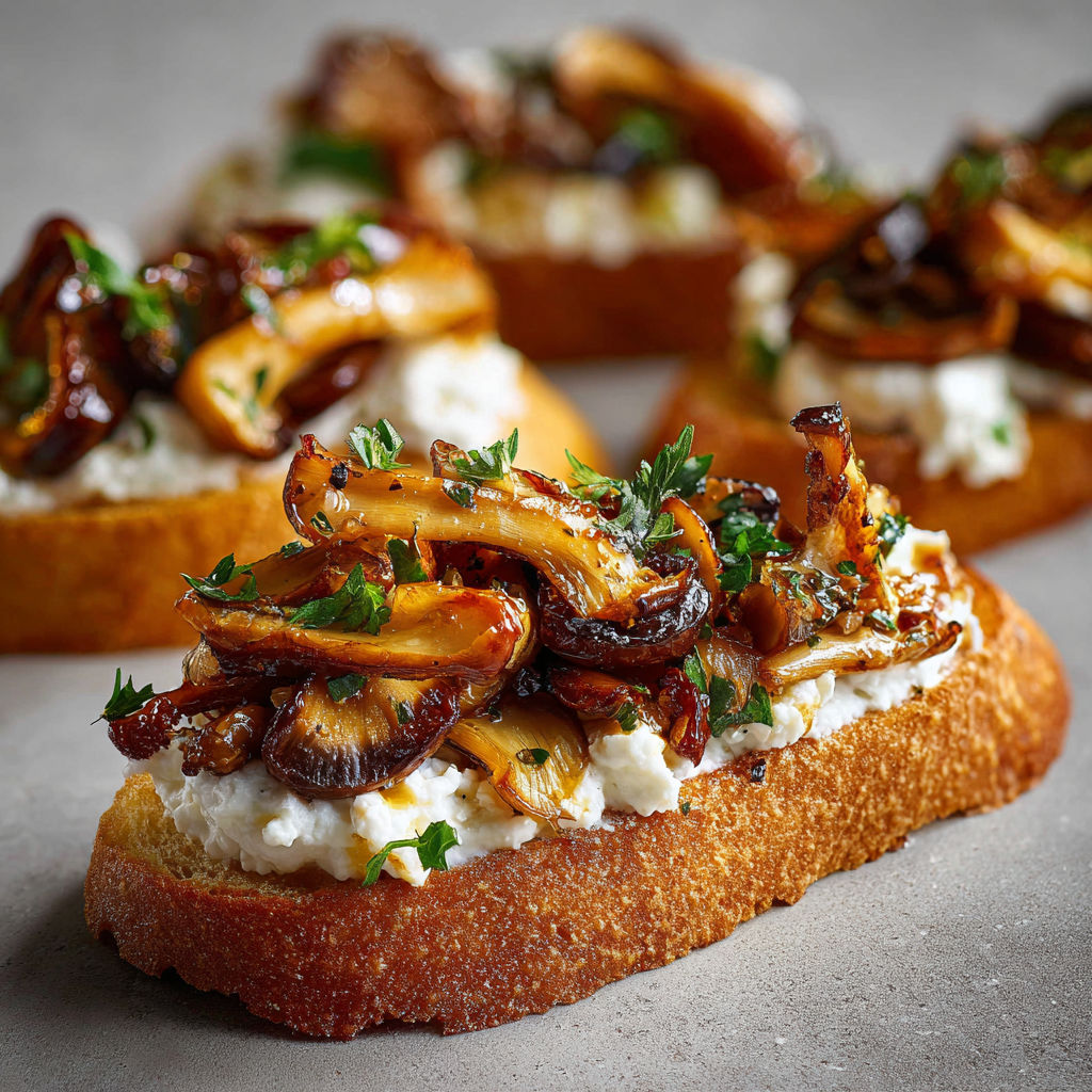 Un crostini garni de champignons marinés, plat plein de saveurs.