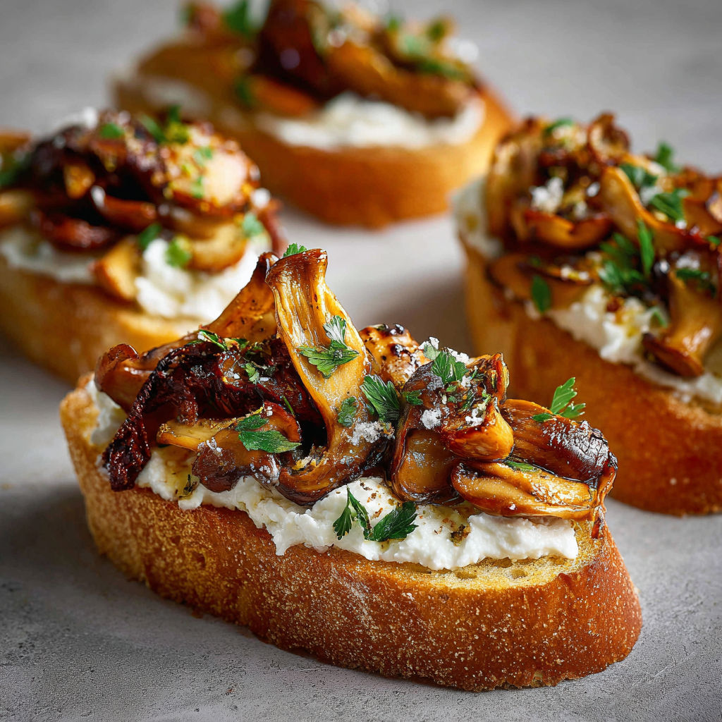 Crostinis aux champignons marinés sur tartine croustillante, une bouchée pleine de peps.