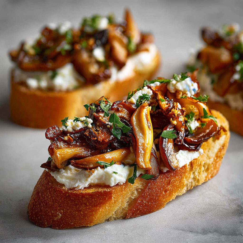Crostinis aux champignons marinés sur tartine croustillante, une bouchée pleine de peps.