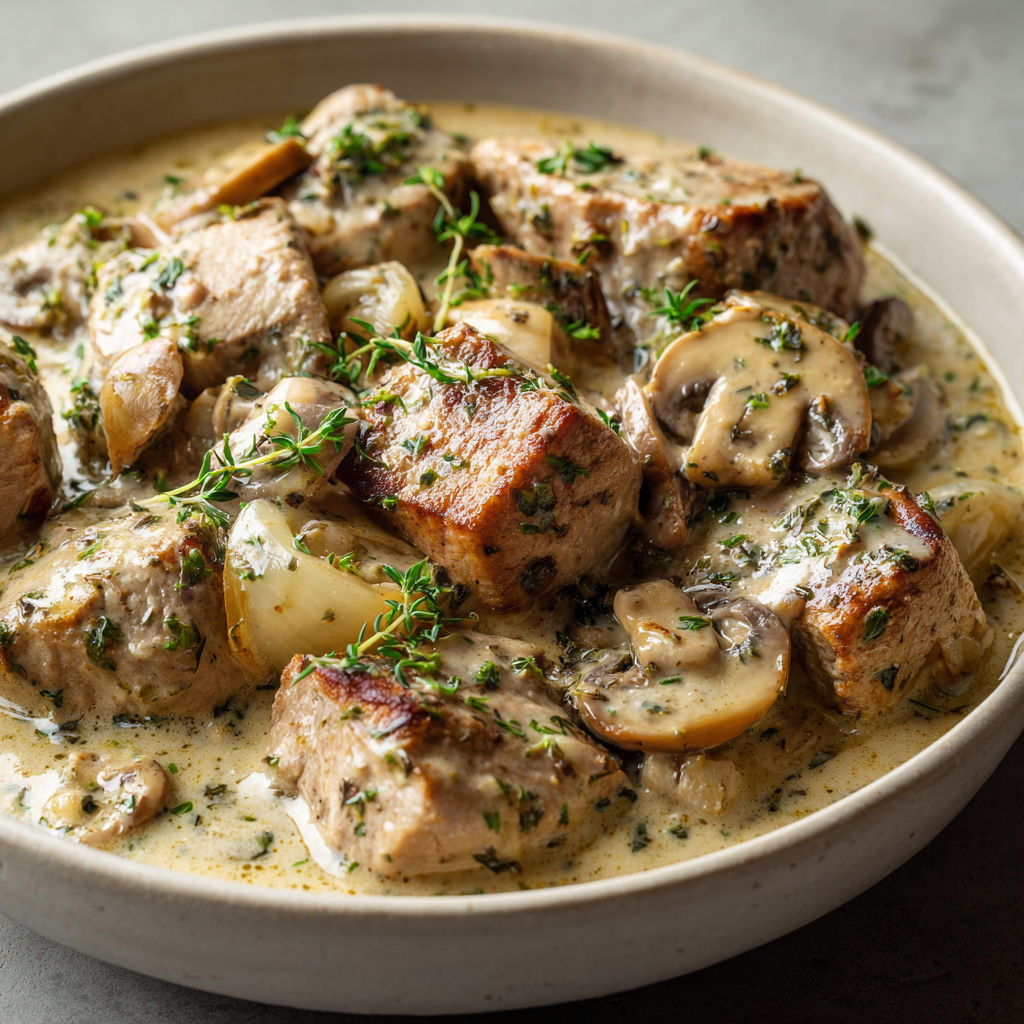 Filet mignon de porc avec champignons et sauce crémeuse, tout doux et super réconfortant.