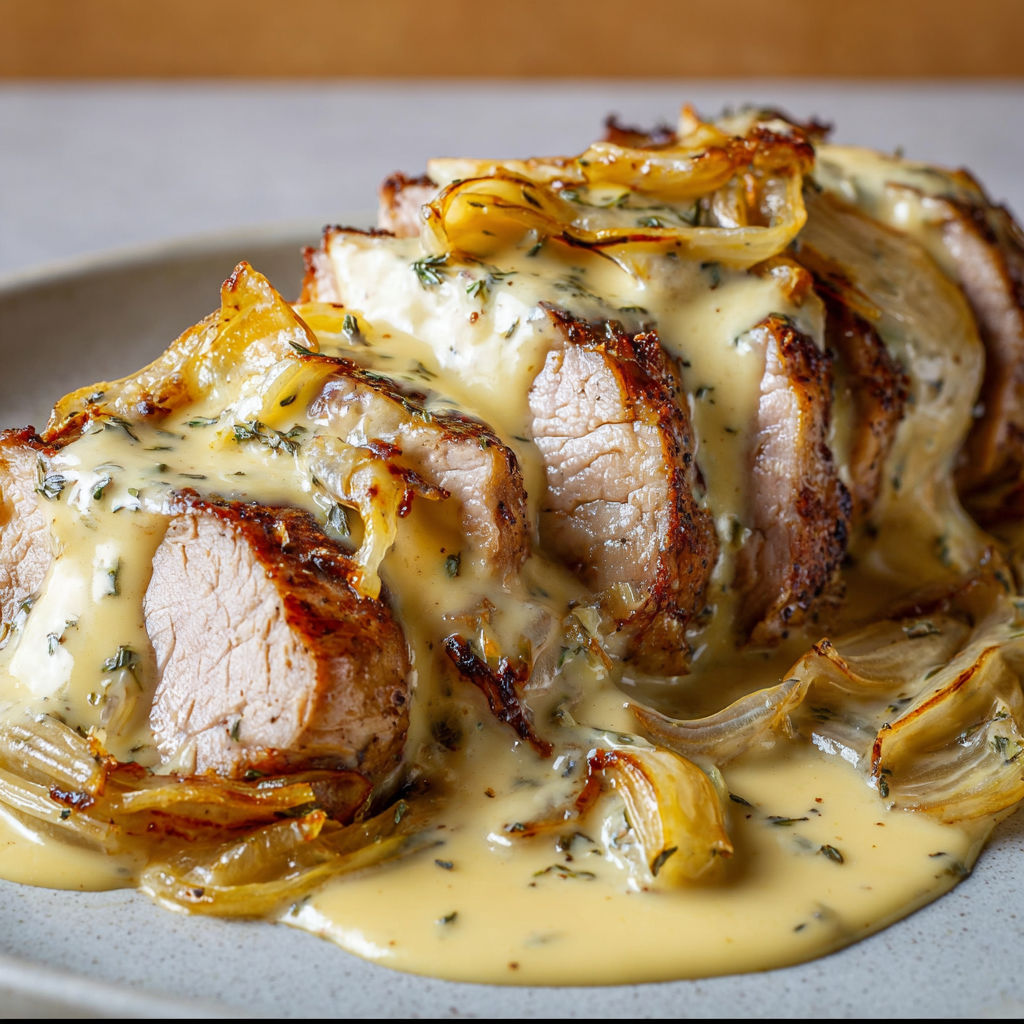 Filet mignon nappé d’une sauce crémeuse au reblochon avec des oignons confits à côté.