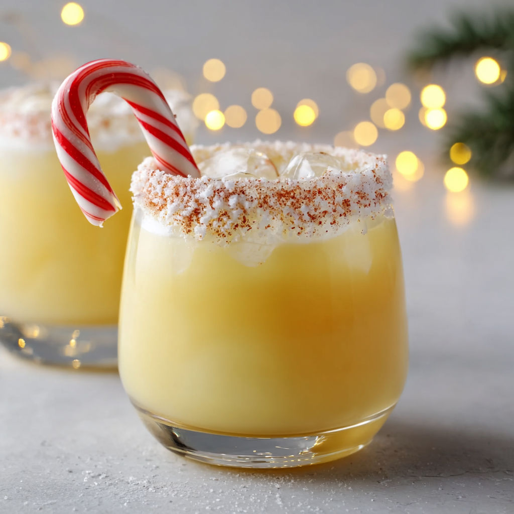 Deux verres de punch de Noël maison, garnis d’étoiles de cannelle et de sucre étoilé.