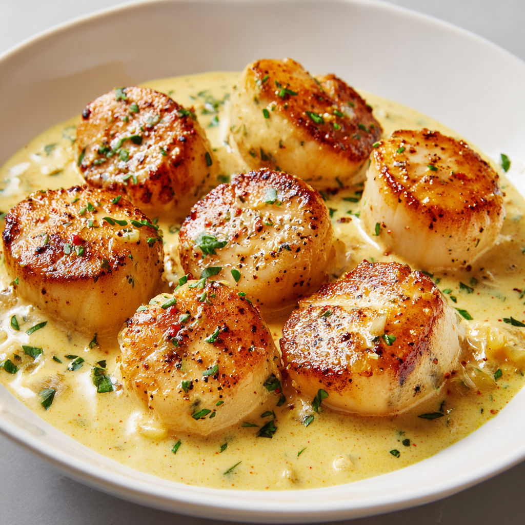 Noix de Saint-Jacques dans une sauce au curry crémeuse, prêtes super rapidement.