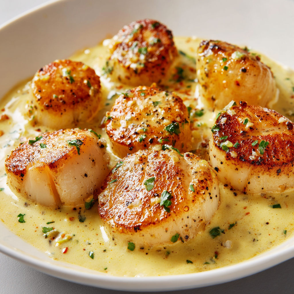 Saint-Jacques bien dorées, nappées de crème au curry parfumée.