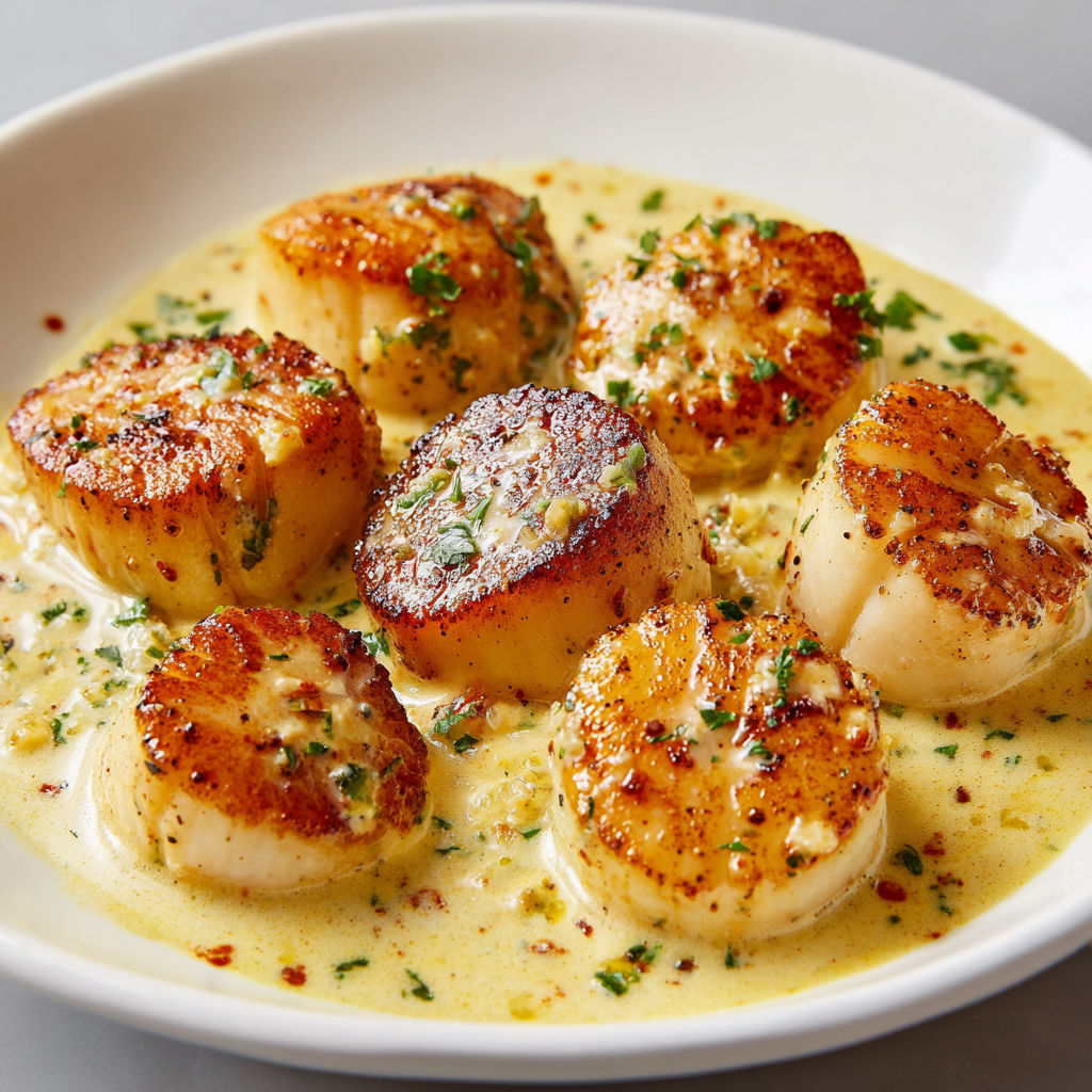 Noix de Saint-Jacques tendres avec une sauce crème curry toute douce.