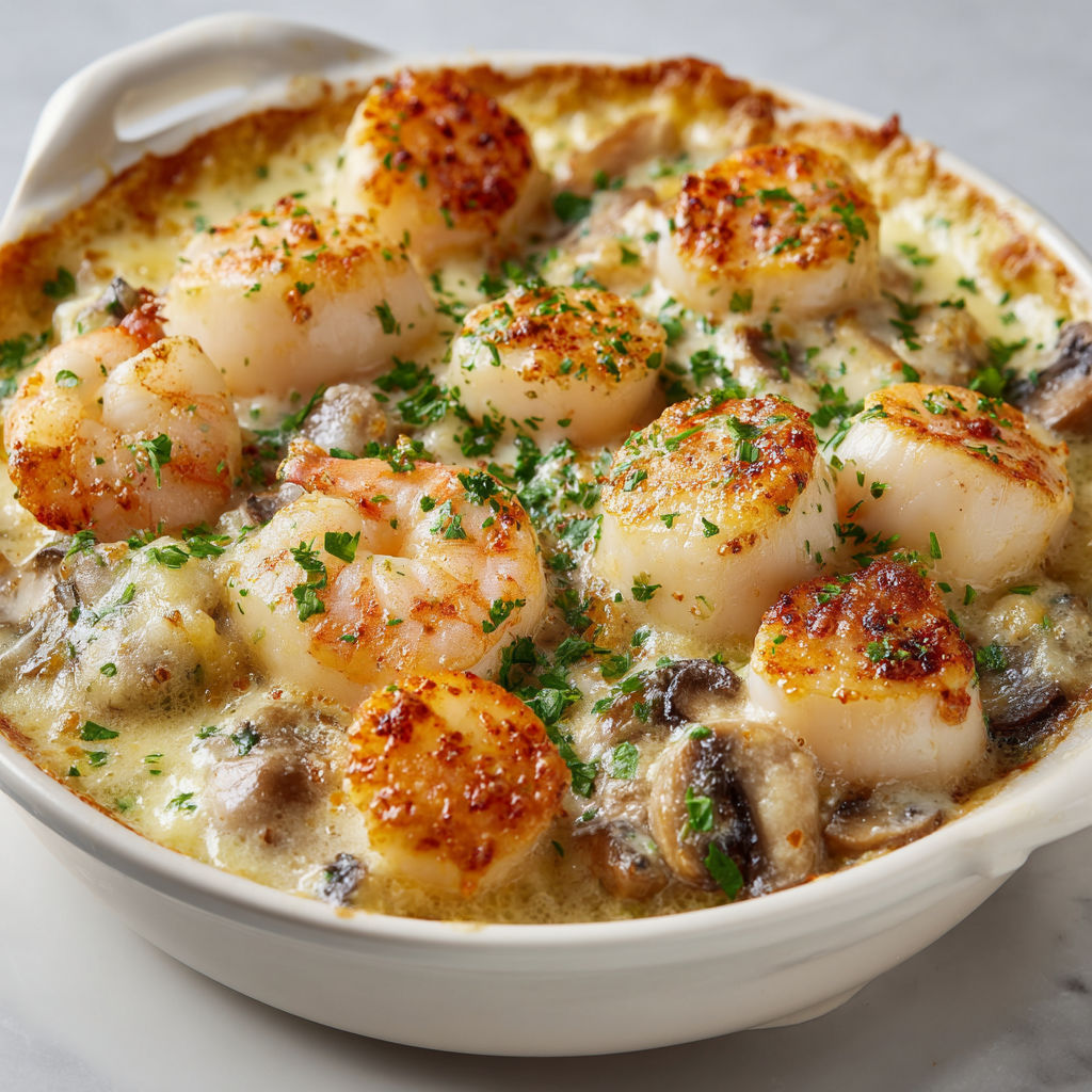 Cassolettes de Saint-Jacques, ce plat de fruits de mer et de champignons, présenté dans un ramequin en porcelaine.