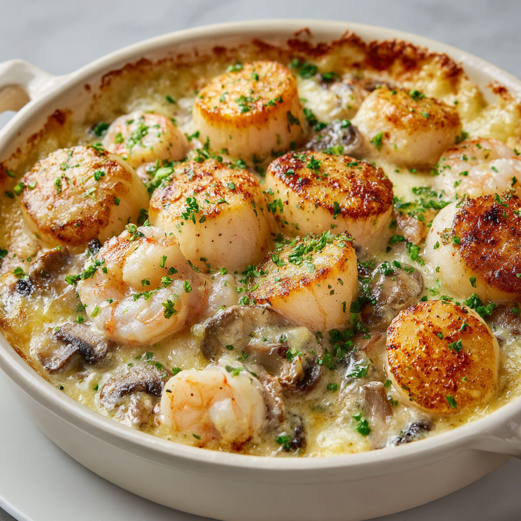 Cassolettes de Saint-Jacques, savoureux plat de la mer avec légumes, servi dans une porcelaine.